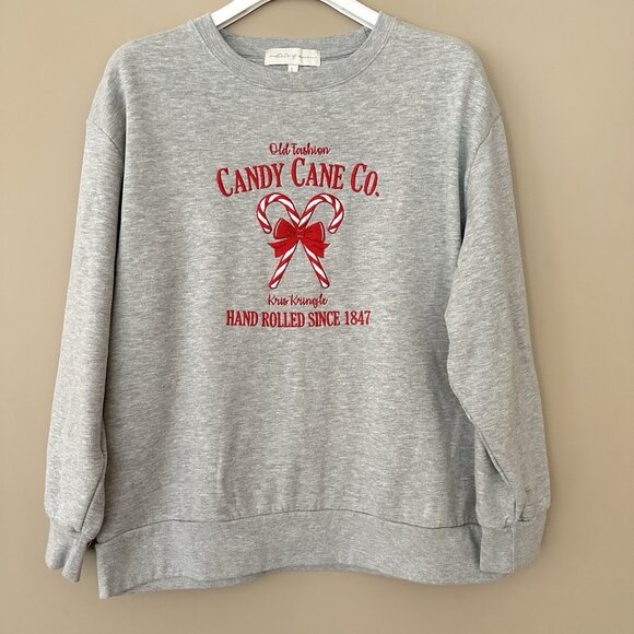 Embroidered Christmas Sweatshirt Women L Candy Cane Co Cozy Casual Top Gray Red - Picture 1 of 7